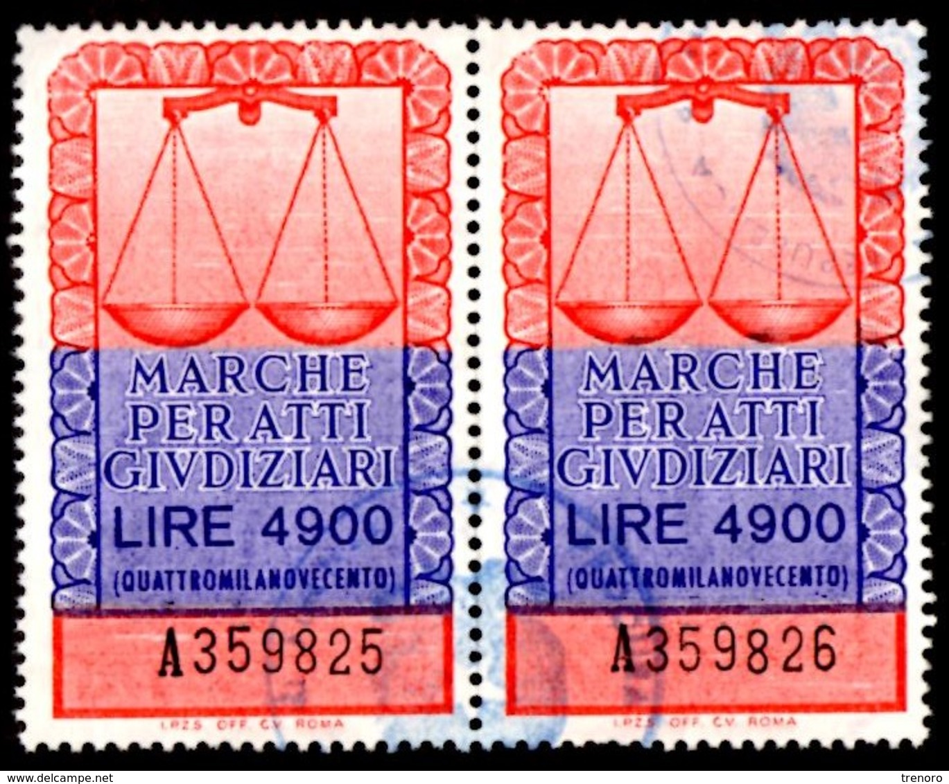 ATTI GIUDIZIARI - EMISSIONE 1979 - "IPZS OFF. CV ROMA" - £. 4.900 COPPIA USATA - Revenue Stamps