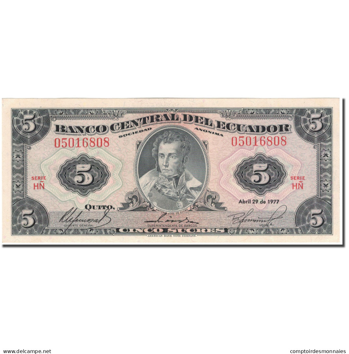 Billet, Équateur, 5 Sucres, 1977-04-29, KM:108a, SPL - Equateur