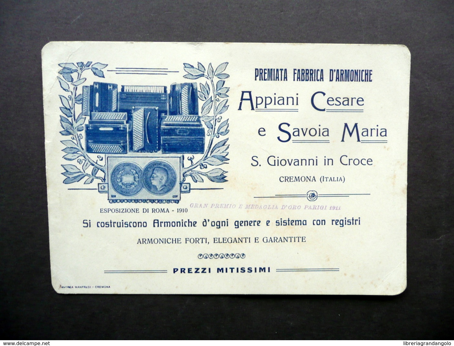 Premiata Fabbrica Armoniche Appiani Cesare Savoia Maria Cremona Cartoncino 1912 - Non Classificati