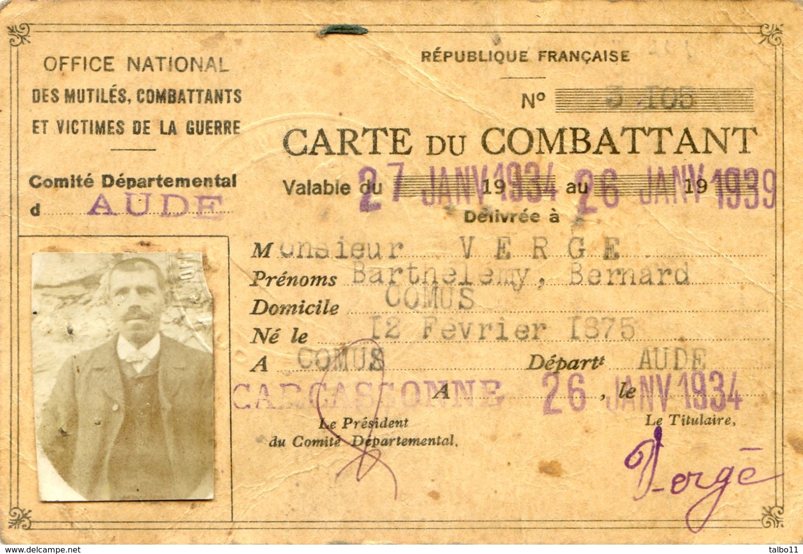 Carte De Combattant - Office National Des Anciens Combattants - Batthelemy VERGE- Comus - Aude - Autres & Non Classés