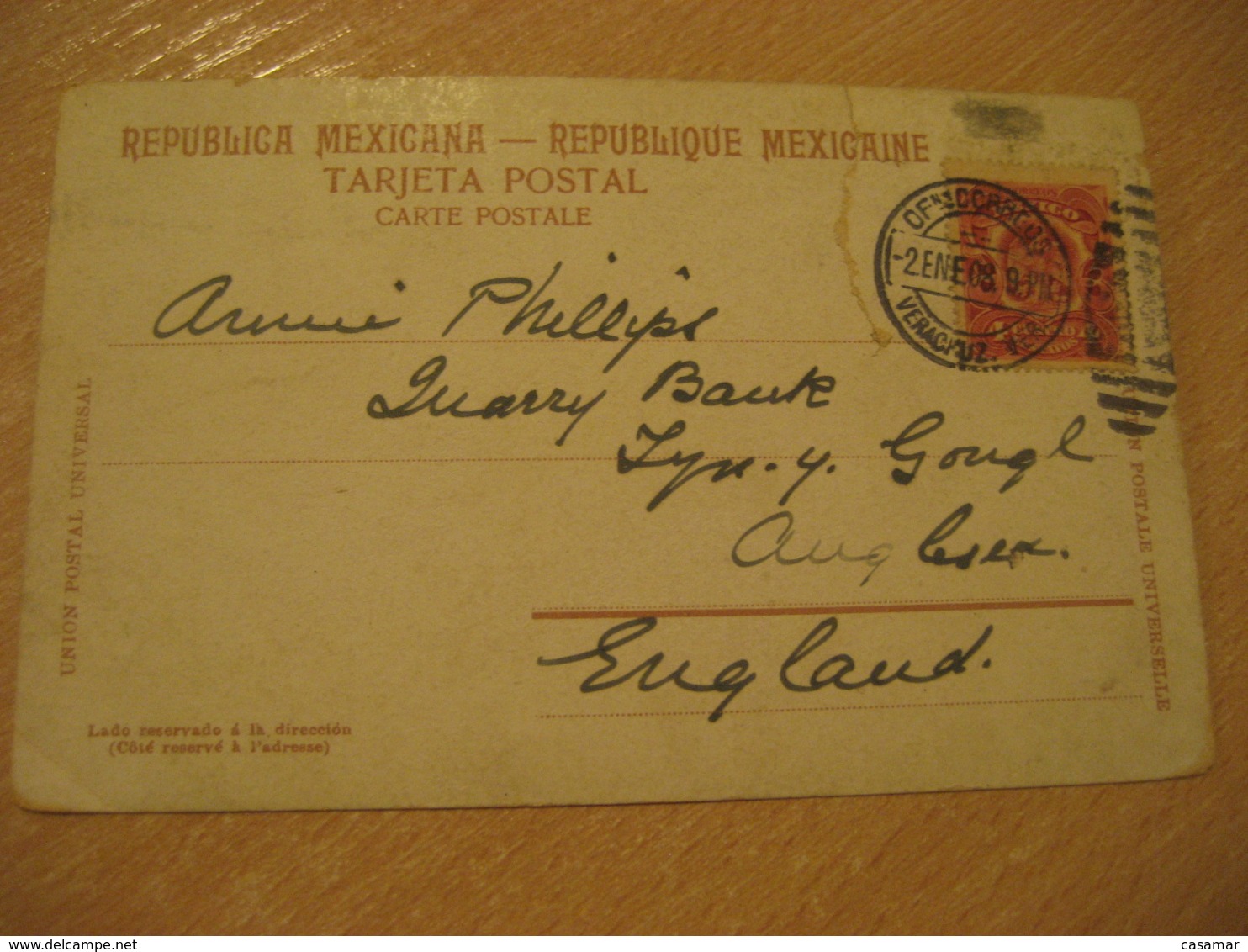 VERACRUZ 1908 To England Stamp Cancel On Puebla La Alameda Post Card MEXICO Mejico - Mexico