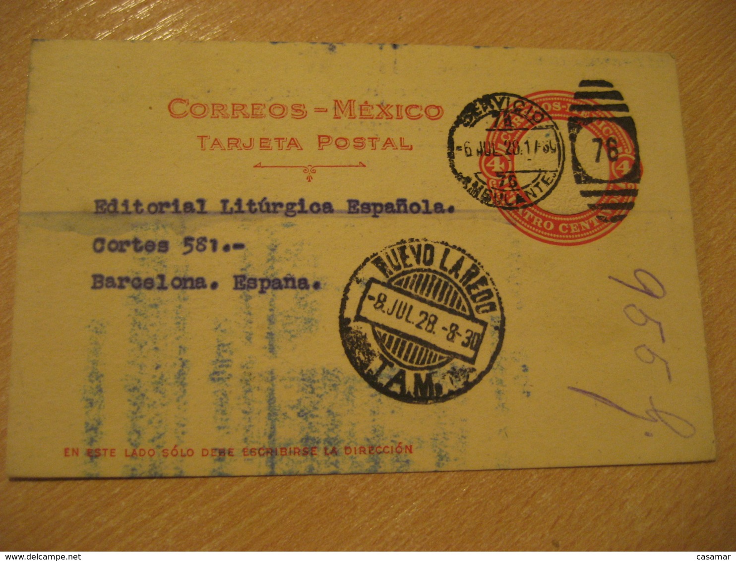 NUEVO LAREDO 1928 To Barcelona Spain AMBULANTE Cancel Postal Stationery Card MEXICO Mejico - Mexiko