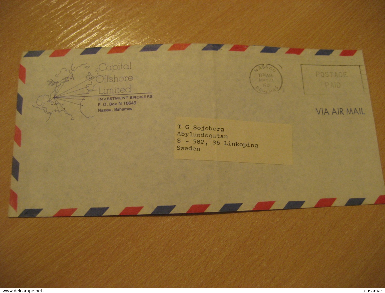 BAHAMAS Nassau 1981 To Linkoping Sweden Cancel Air Mail Capital Offshore Ltd Postage Paid Cover West Indies British Area - Bahamas (1973-...)