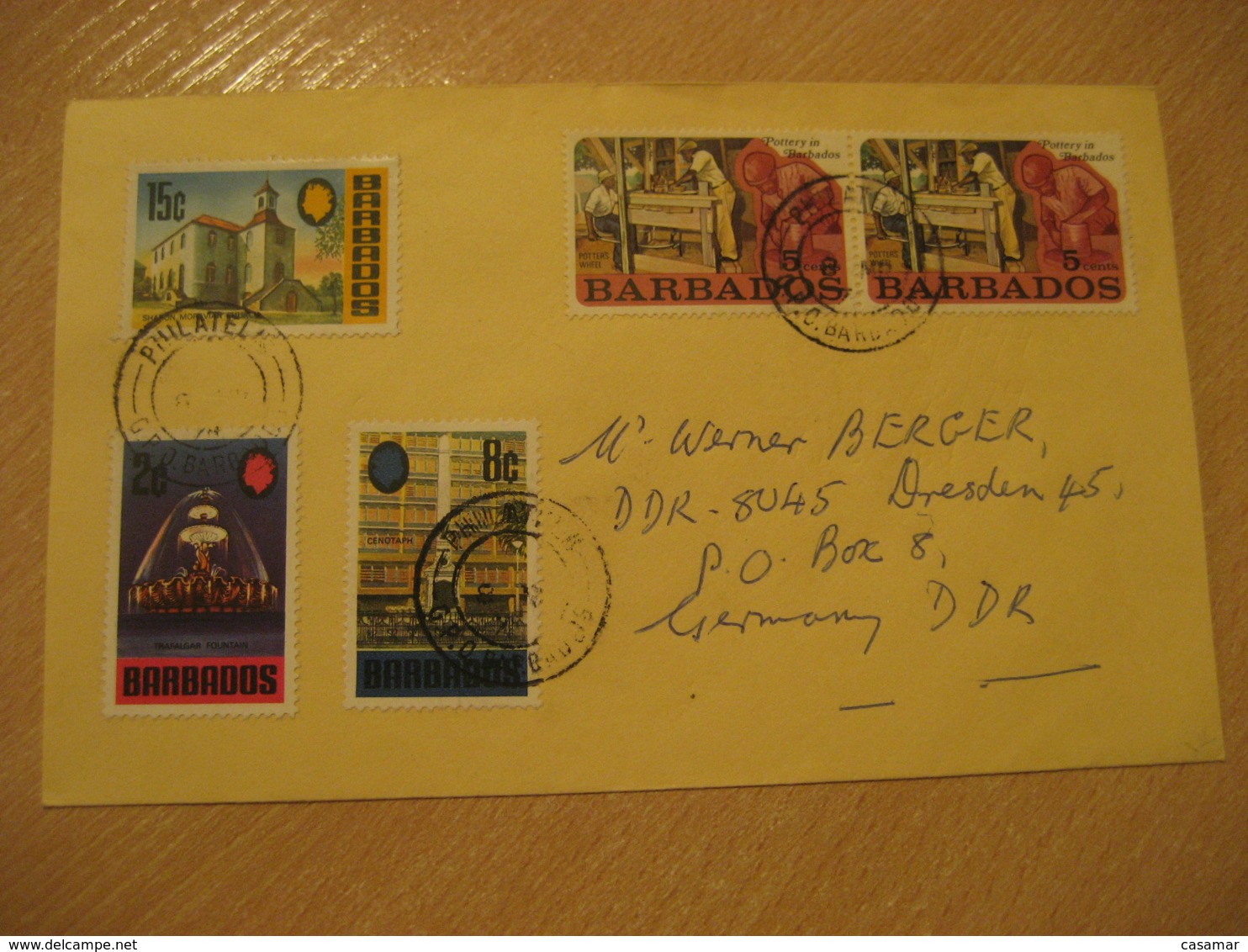 BARBADOS 197? To Dresden Germany DDR 5 Stamp Cancel Cover British Area West Indies - Barbades (1966-...)