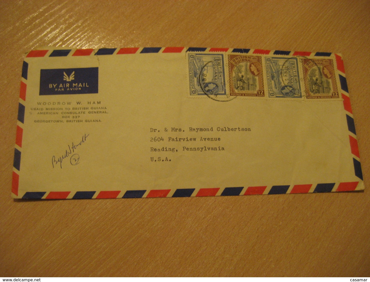 BRITISH GUIANA Georgetown Consulate 196? To Reading USA 4 Stamps On Cancel Air Mail Cover GUYANA British Colonies GUYANA - Guyane (1966-...)