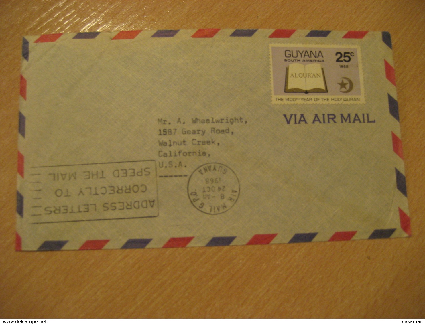 GEORGETOWN 1968 To Walnut Creek USA Holy Quran Stamp Cancel Air Mail Cover GUYANA British Area - Guyane (1966-...)