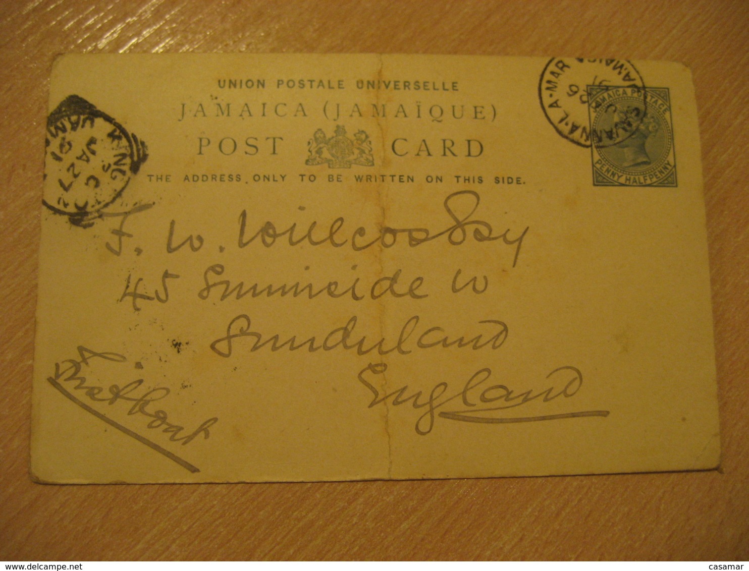 SAVANNA-LA-MAR Savanna La Mar 1891 To England Kingston Cancel Postal Stationery Card JAMAICA British Colonies - Jamaique (1962-...)