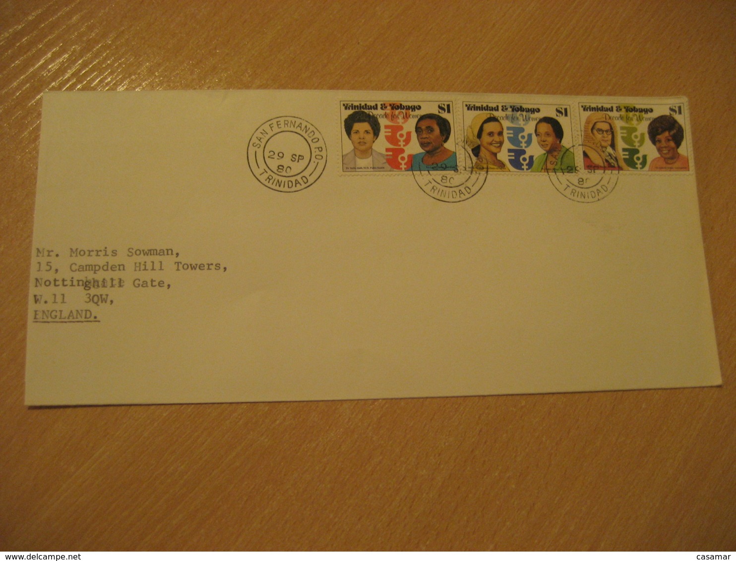 SAN FERNANDO 1980 To England Women 3 Stamp Cancel Cover TRINIDAD & TOBAGO West Indies British Area - Trinité & Tobago (1962-...)