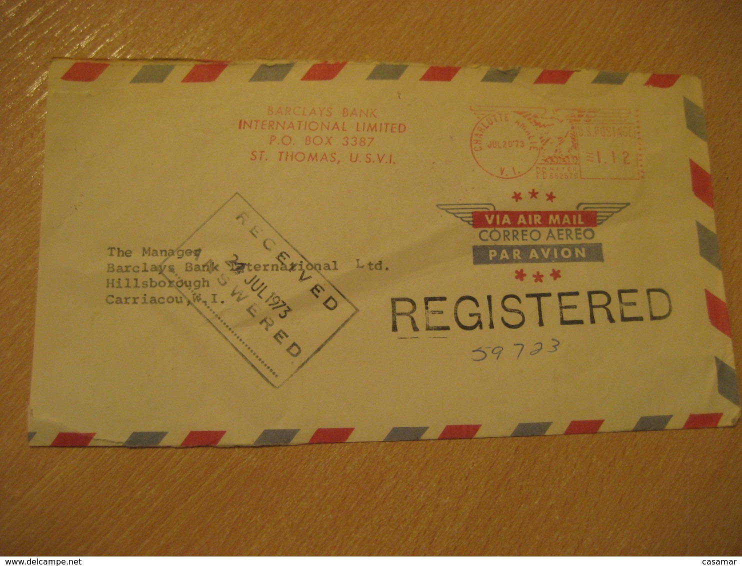 CHARLOTTE AMALIE 1973 To Carriacou Barclays Meter Air Mail Cover VIRGIN ISLANDS USA West Indies British Area Puerto Rico - Antilles