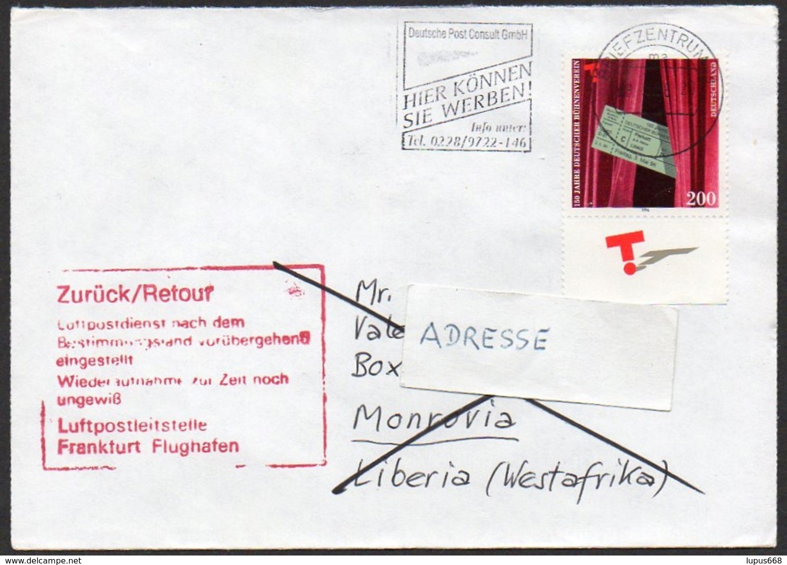 BRD 1996  Brief Nach Monrovia, LIBERIA  "Retour - Luftpostdienst Vorübergehend Eingestellt" - Post