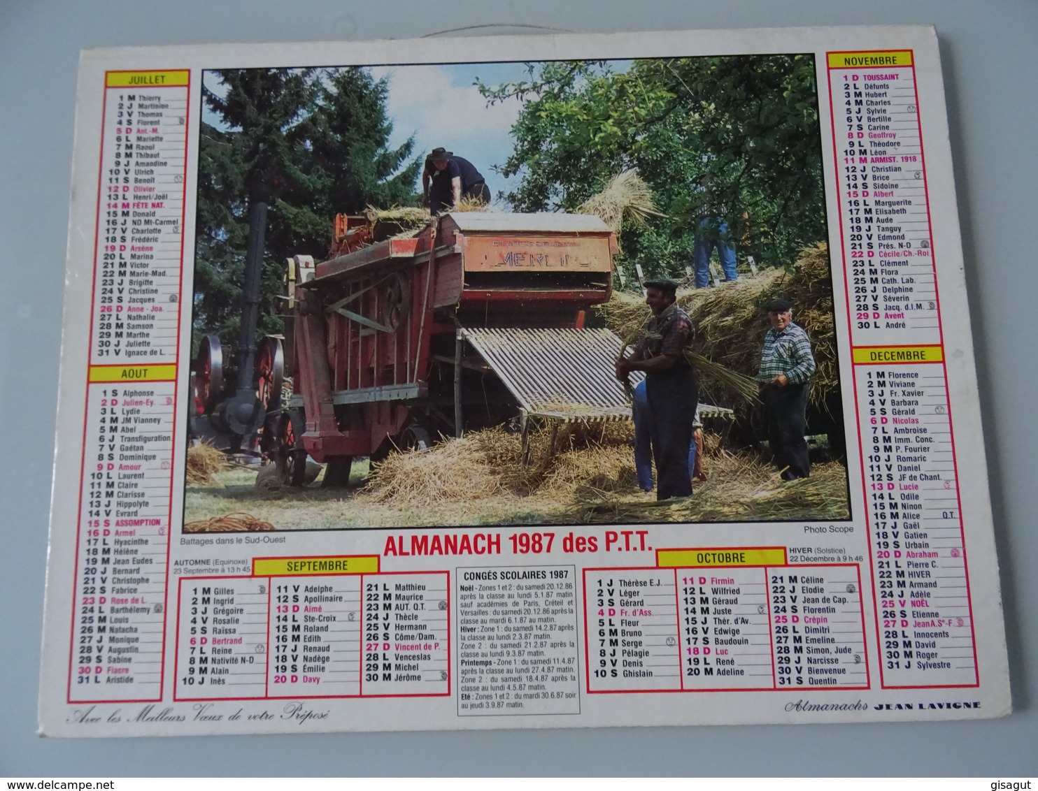 Almanach Ptt De 1987  Recto   Paysage Du Centre (18 )  Verso   Battages  Dans  Le Sud - Ouest - Grand Format : 1981-90