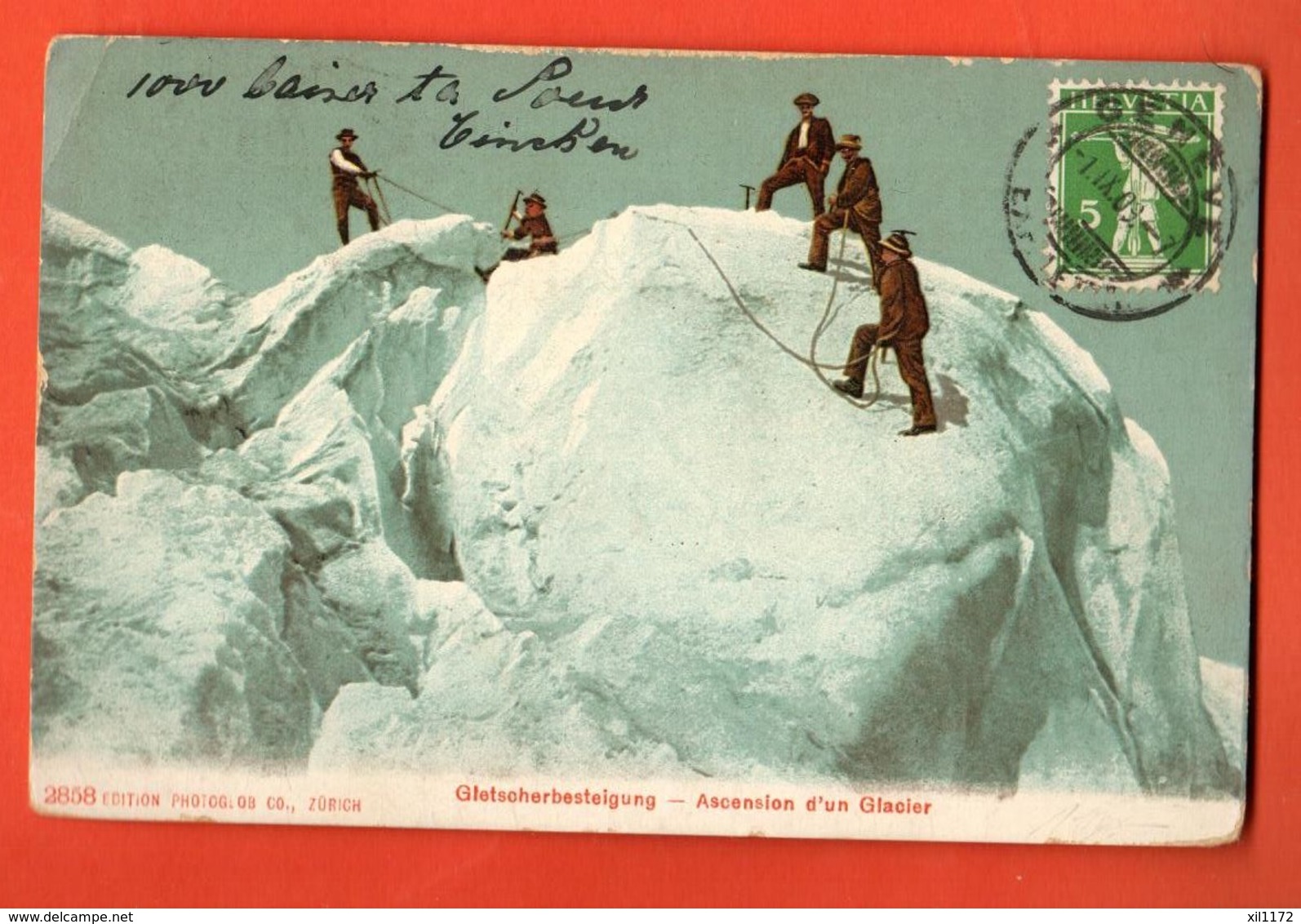 VARR-21 Ascension D'un Glacier. Gletscherbesteigung  ANIME. Cordée. Photoglob 2858 Circulé 1909 - Alpinisme