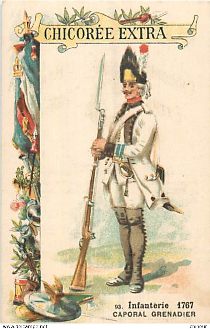 CHROMO CHICOREE A LA BELLE JARDINIERE C.BERIOT A LILLE SERIE LES UNIFORMES INFANTERIE CAPORAL GRENADIER 1767 - Thé & Café