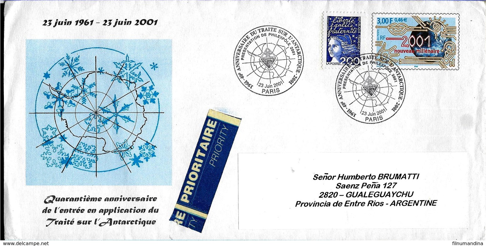 AANT-168 FRANCE,ANTARCTICA 2001 ANNIIVERSAIRE TRAITE ANTARCTIQUE ENTERE POSTALE UPRATED TO ARGENTINA - Trattato Antartico