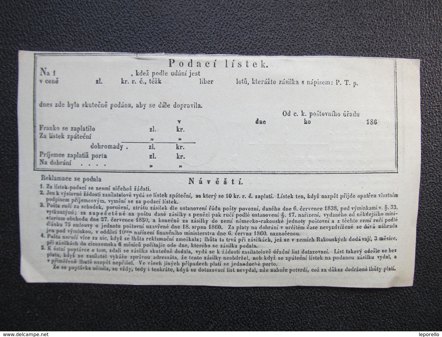 Aufgabs Recepisse Budischau Budisov 1870  ///  D*36245 - Briefe U. Dokumente