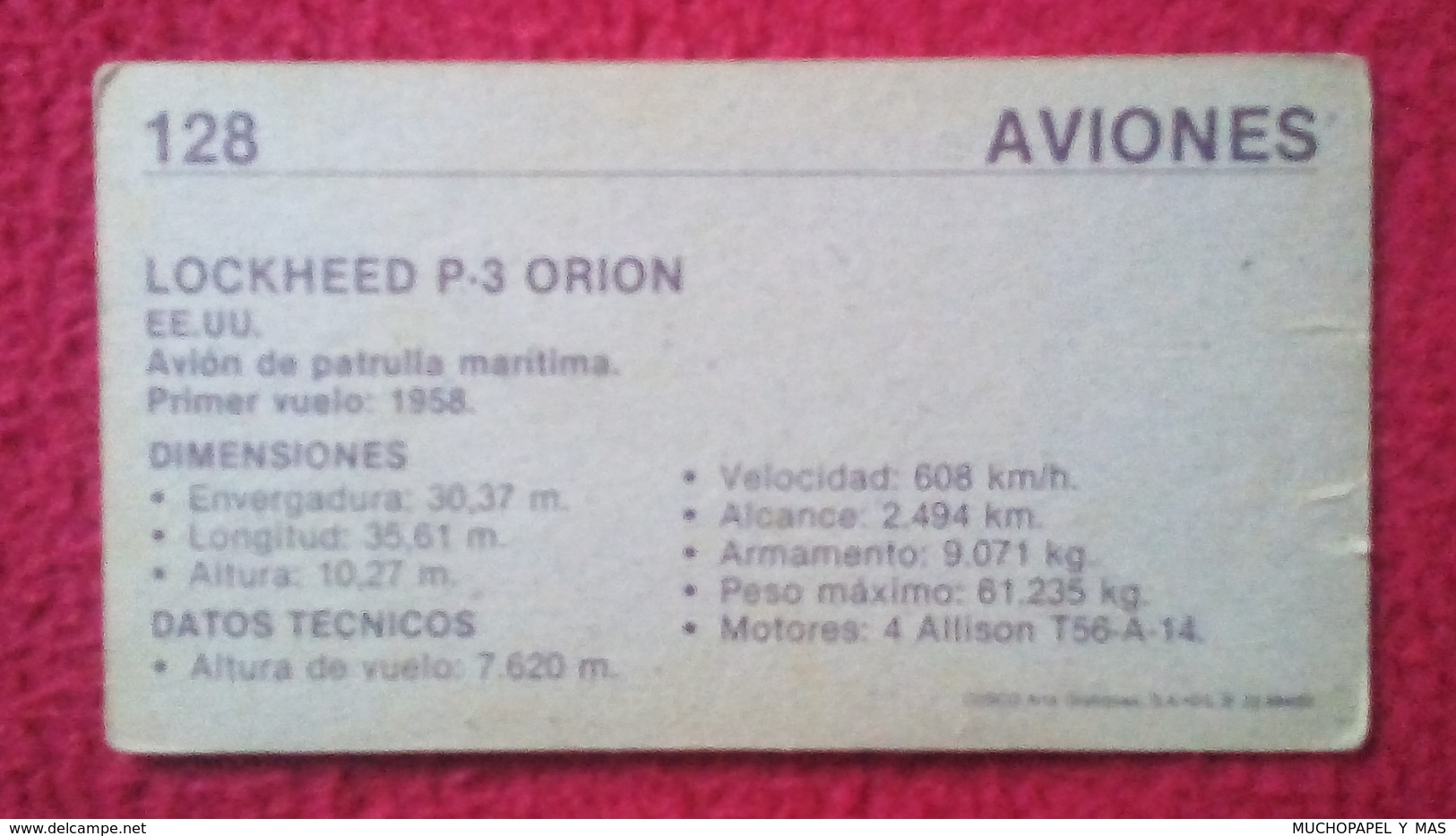 ANTIGUO CROMO OLD COLLECTIBLE CARD AVIÓN PLANE AIR PLANE AIRPLANE AVIONES AVIATION AVIACIÓN MILITAR LOCKHEED P-3 ORION - Otros & Sin Clasificación