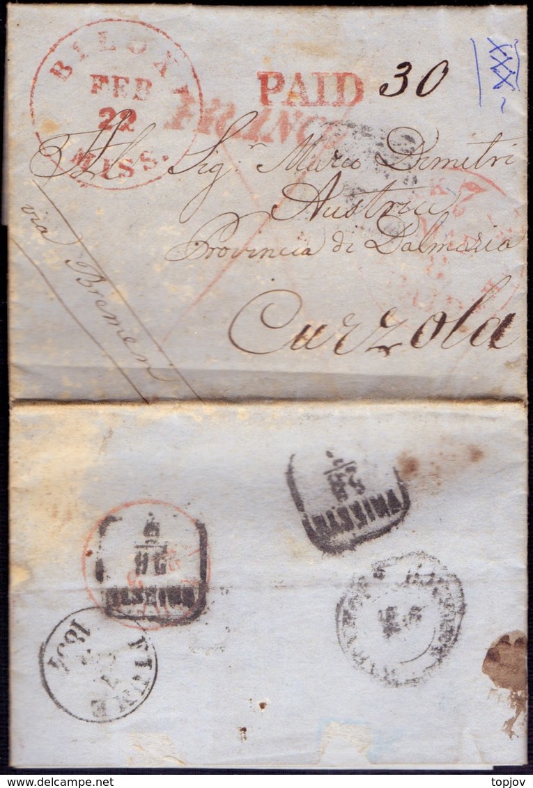 USA - BILOXI  PAID FRANCO Via N. YORK PAID  Via  FRANCE Via Trieste Via FIUME  To CURZOLA - 20. 2. 1854 - …-1845 Prephilately