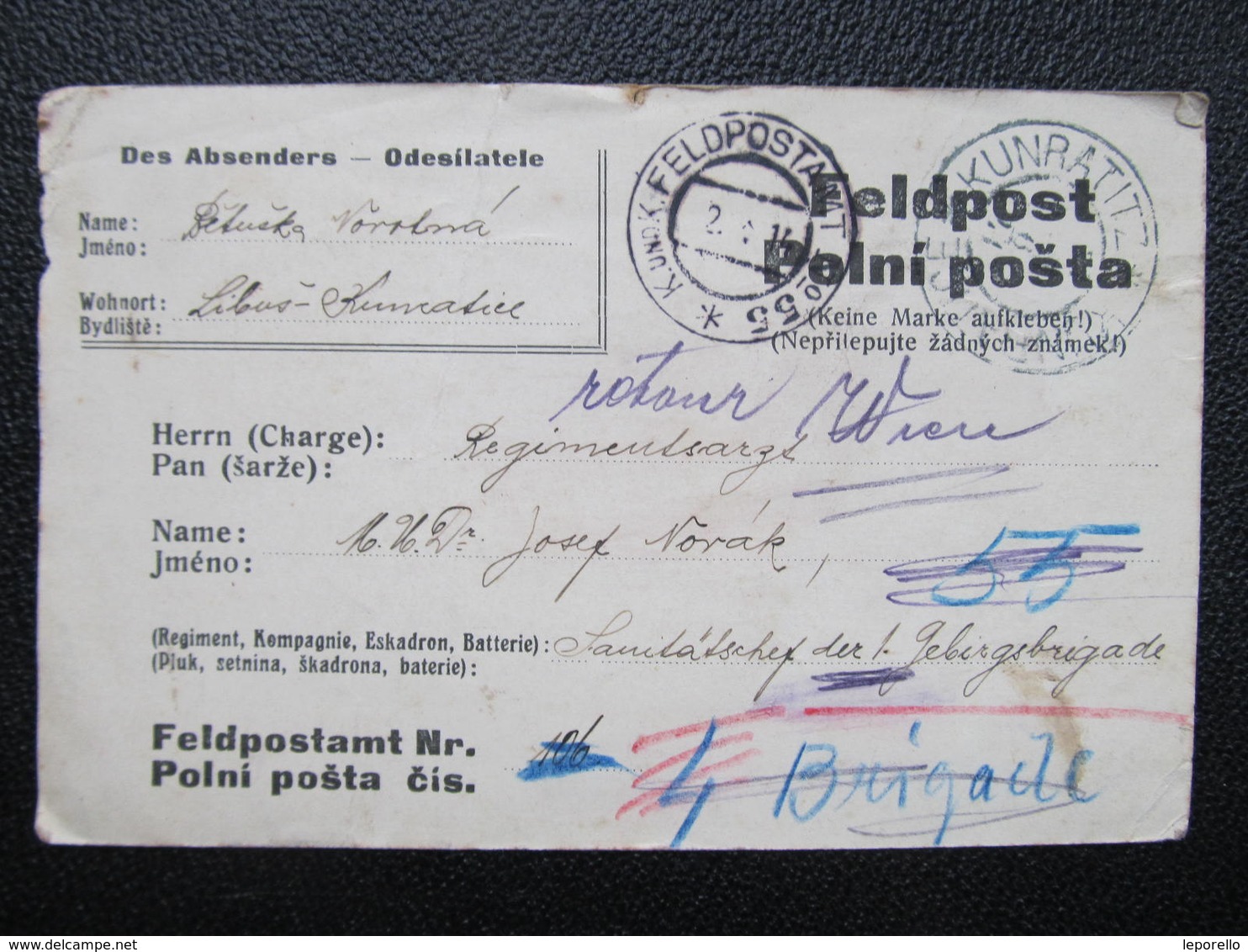 Feldpost Kunratitz Kunratice 1914 Feldpostamt No.55 Praha Libus  ///  D*36253 - Briefe U. Dokumente