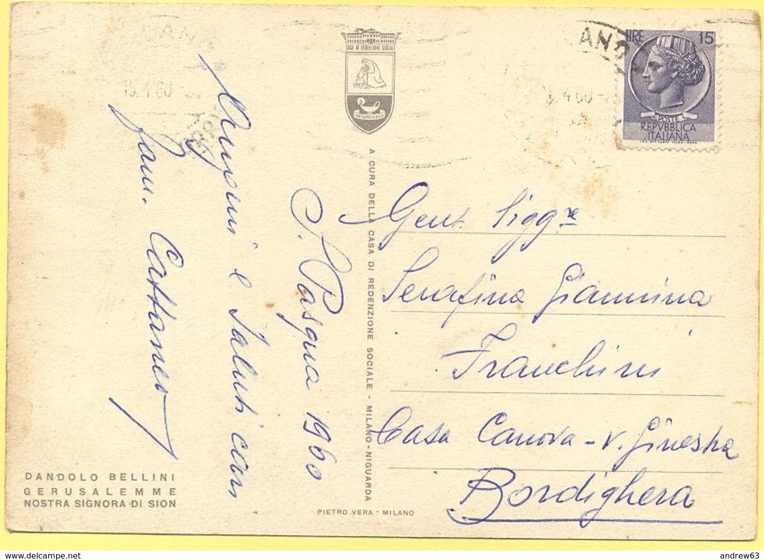 ISRAELE - ISRAEL - 1960 - Siracusana 15 - Gerusalemme - Nostra Signora Di Sion, Di Dandolo Bellini - Viaggiata Da - Israel