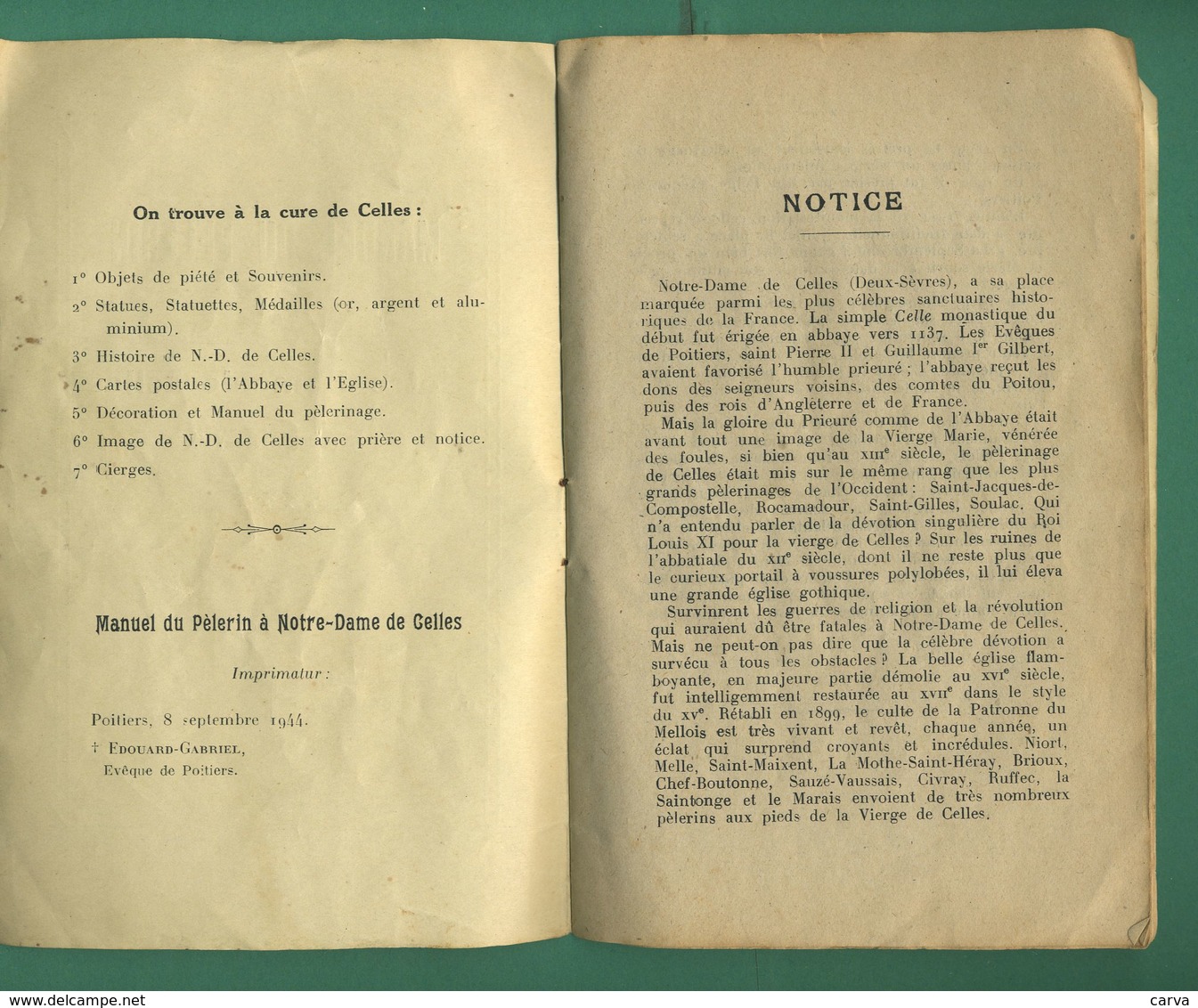 79 Notre Dame De Celles ( Deux Sèvres ) Manuel Du Pèlerin 1944 Imprimerie Saint Denis Niort - Aquitaine