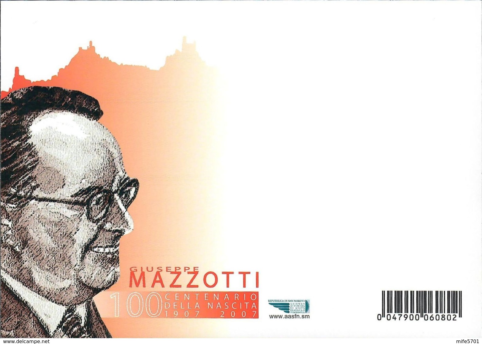 INTERO POSTALE CENTENARIO NASCITA GIUSEPPE MAZZOTTI 2007 - 0,60 EURO - CATALOGO FILAGRANO "C88" - NUOVO - Interi Postali