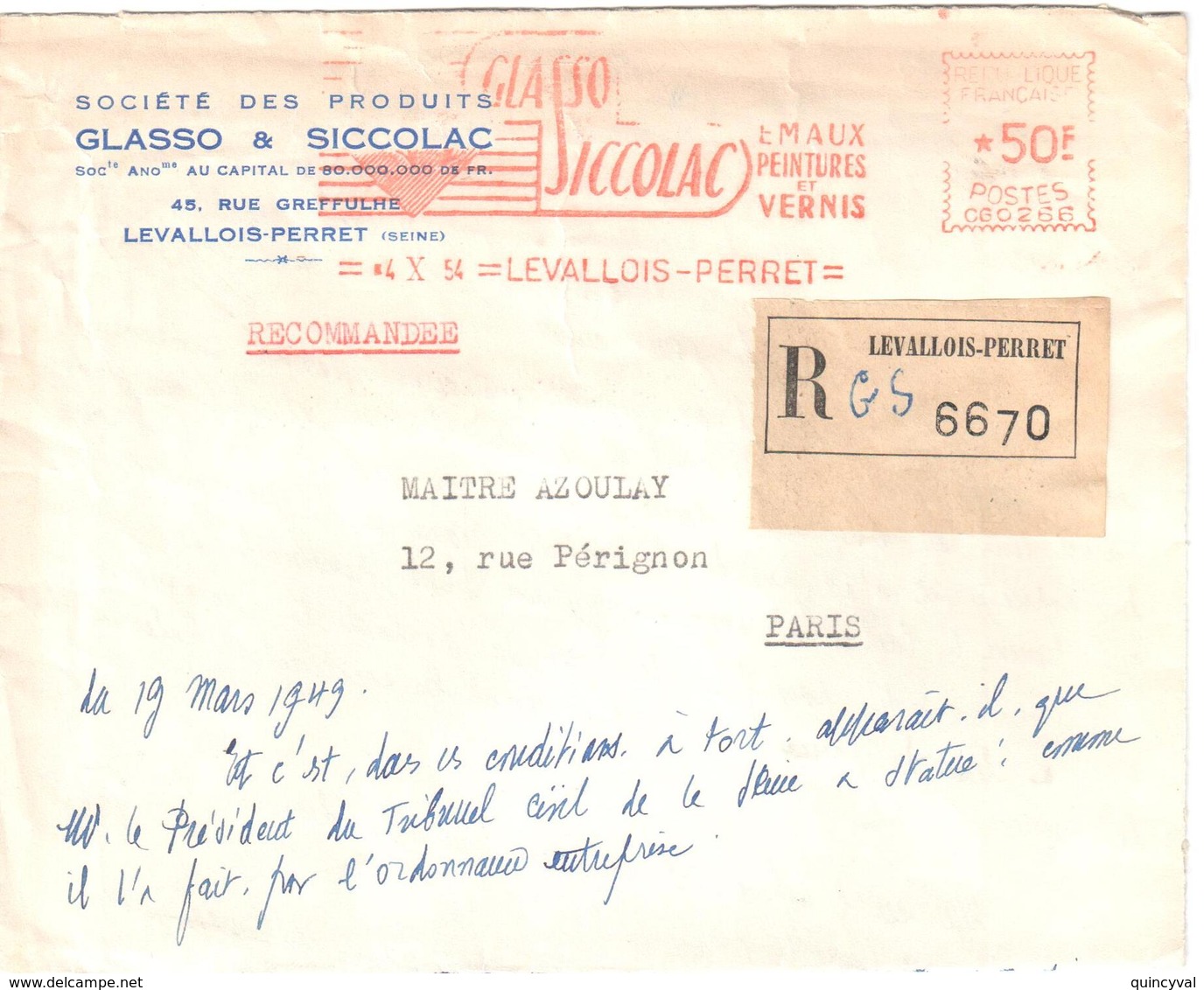 LEVALLOIS PERRET Seine Lettre Recommandée Ob 1954 Tf 50 F EMA Entête GLASS SICCOLAC Emaux Vernis Peinture Etiqutte - Freistempel