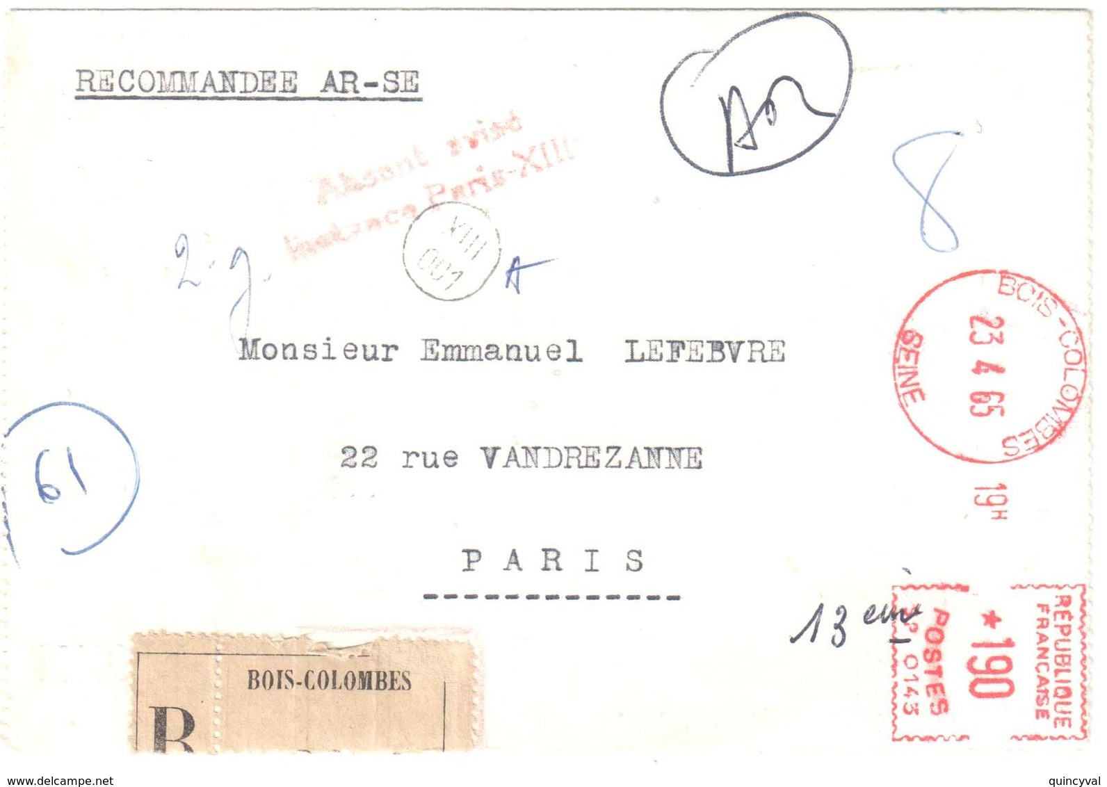 BOIS COLOMBES Seine Carte Lettre Recmmandée Ob 1965 EMA Guichet SP 0143 Tf 1,90 F Griffe Absent Avisé Paris XIII Facteur - EMA (Empreintes Machines à Affranchir)