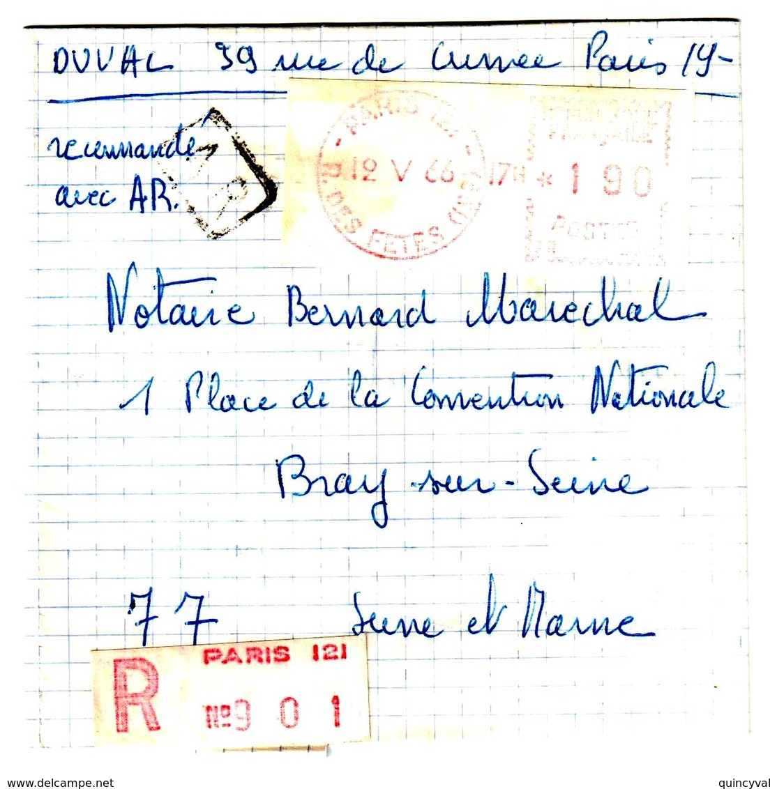 PARIS 121 R Des Fêtes 19° Lettre Recommandée EMA Guichet PR370 Etiquette Reco De Machine Ob 12 5 1966 Tf 1,90 Griffe AR - EMA (Printer Machine)