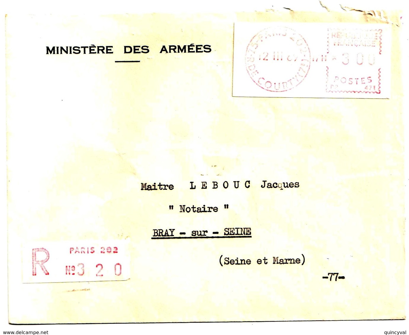 PARIS 202 R De Courty Lettre Ministère Armées EMA Guichet PR471 Etiquette Reco De Machine Ob 1969 Tf 1,90 Griffe AR - EMA (Empreintes Machines à Affranchir)