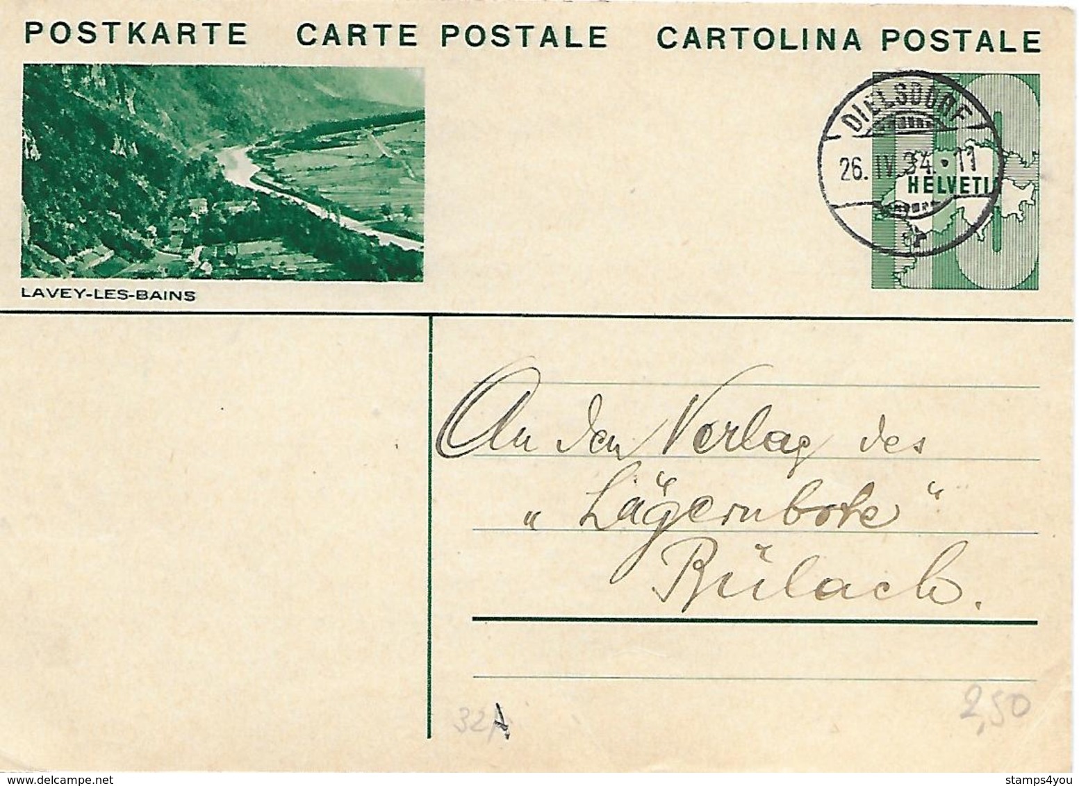 164 - 35 -  Entier Postal Avec Illustration "Lavey-les-bains" Superbe Cachet à Date Dielsdorf 1934 - Stamped Stationery