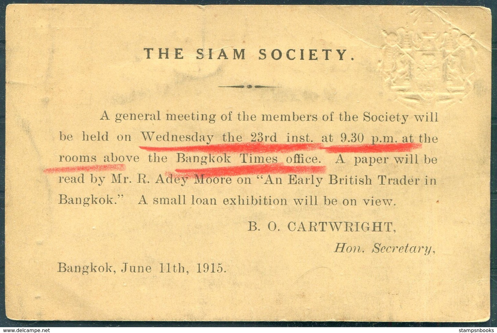 1915 Thailand Stationery Postcard 'The Siam Society' Meeting, Bangkok Times Office, Local Useage - Thailand