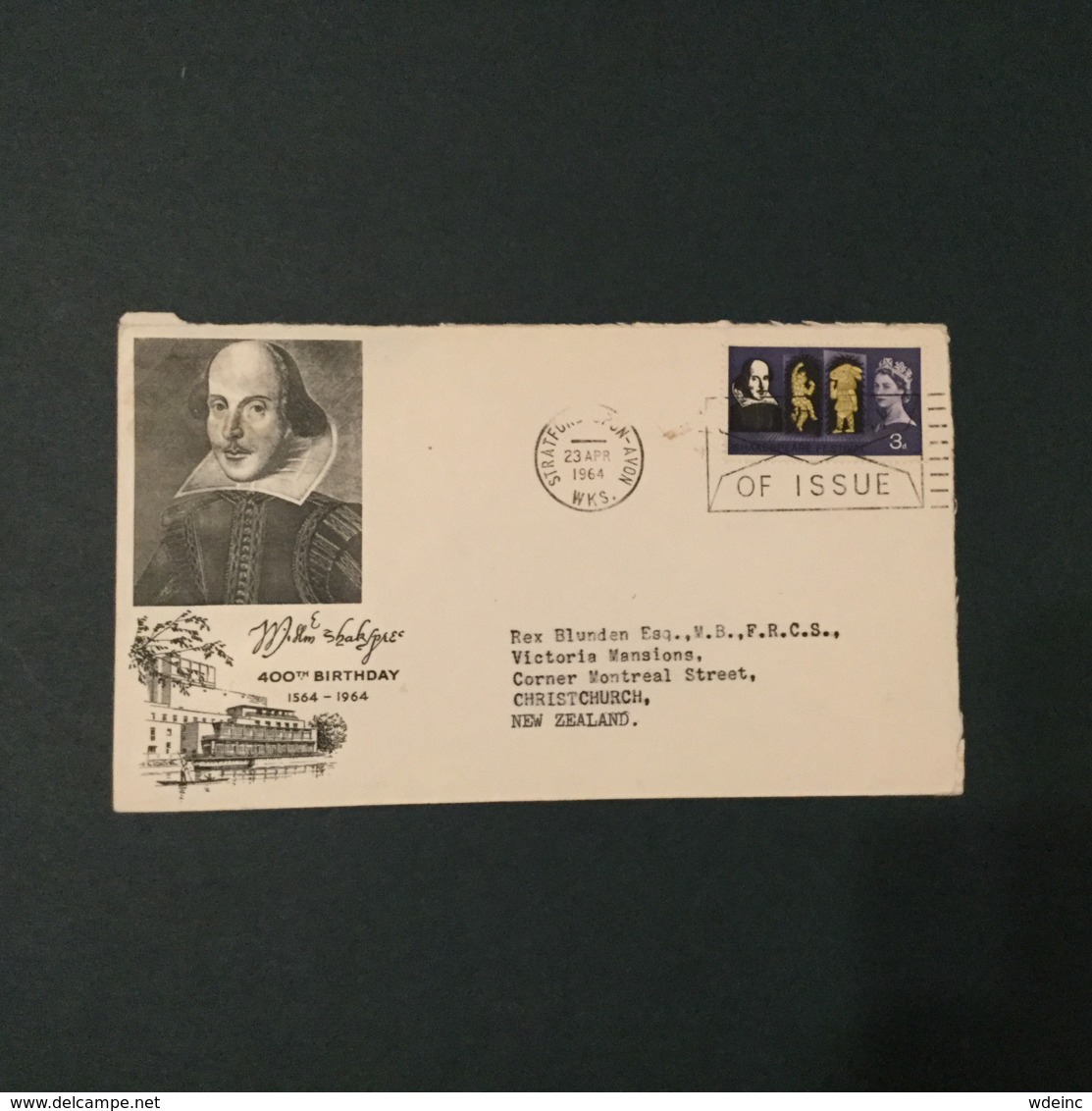 GB 1964 4d Shakespeare FDC,airmail To NZ ,RSC Cover, Stratford Slogan FDI Postmark - 1952-1971 Em. Prédécimales