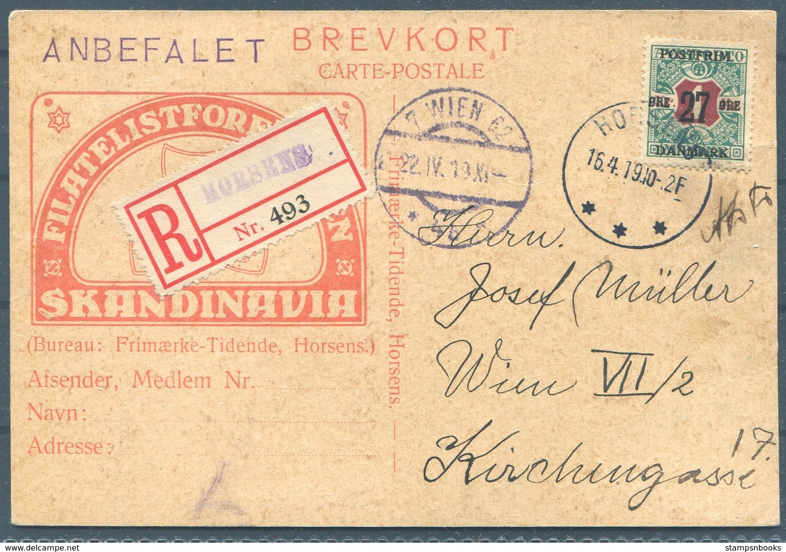 1919 Registered Horsens Philatelic Exhibition Advertising Postcard - Wien Austria. 27ore/1kr Newspaper Stamp Overprint - Covers & Documents