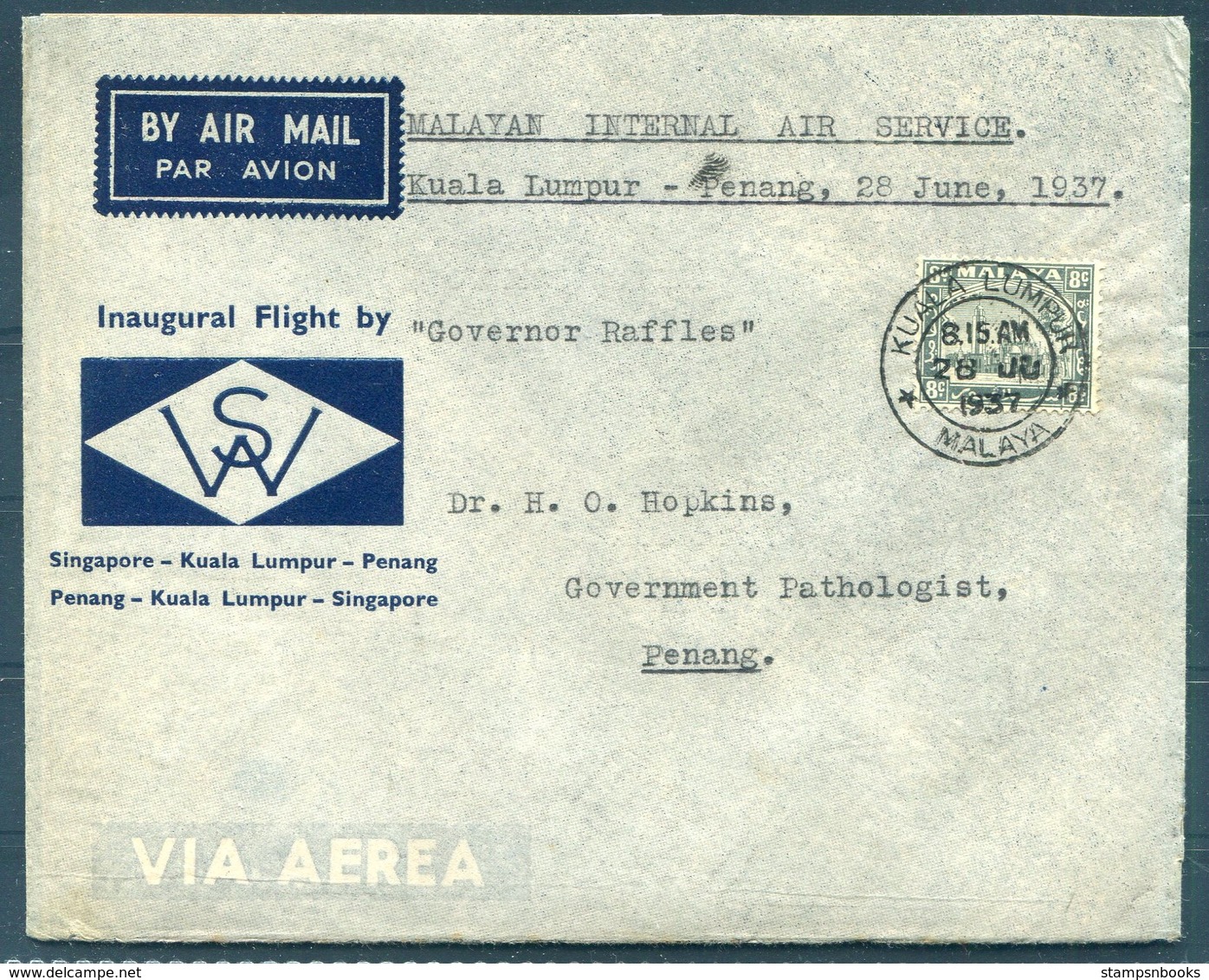 1937 Malaya Imperial Airways First Flight Cover Kuala Lumpur - Penang. 'Governor Raffles' - Malayan Postal Union