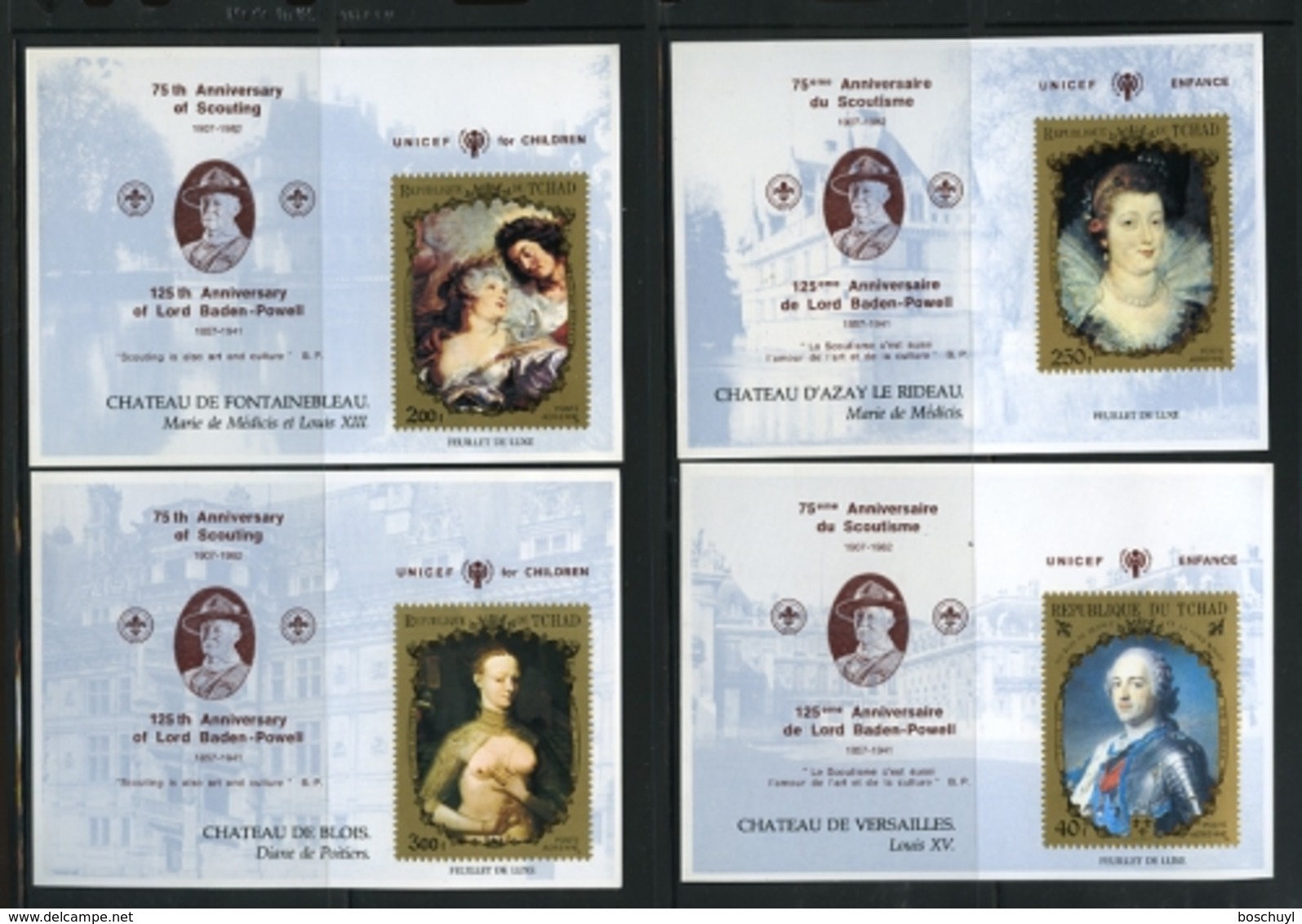 Chad, UNICEF, IYC, United Nations, Paintings, Scouting, Baden Powell, 4 MNH Imperf Sheets - Tschad (1960-...)