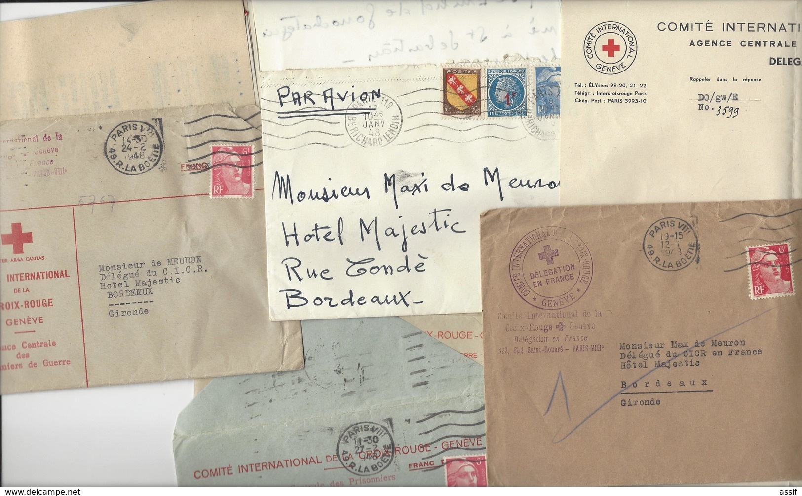 ARCHIVE 4 LETTRES MAX DE MEURON CROIX ROUGE RED CROSS CICR BORDEAUX GENEVE INTERNEMENT PRISONNIERS DE GUERRE /FREE SHIP - Rode Kruis