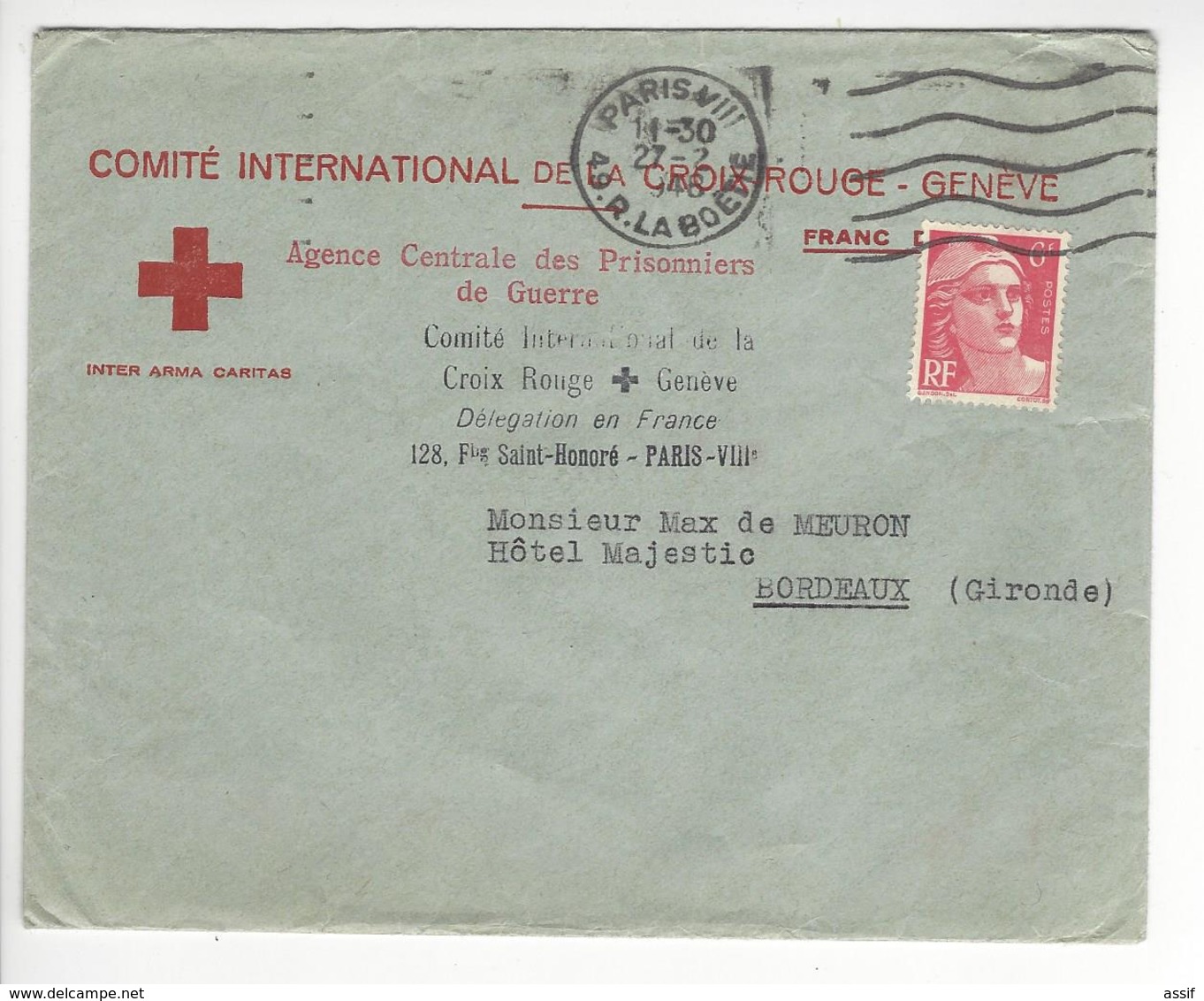 ARCHIVE 4 LETTRES MAX DE MEURON CROIX ROUGE RED CROSS CICR BORDEAUX GENEVE INTERNEMENT PRISONNIERS DE GUERRE /FREE SHIP - Croix Rouge