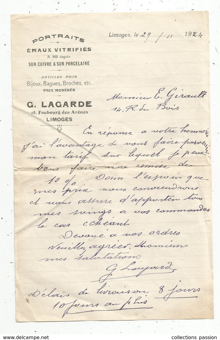 Lettre Commerciale ,  émaux Vitrifiés , G. LAGARDE ,  LIMOGES ,  1924,  ,frais Fr 1.55e - 1950 - ...