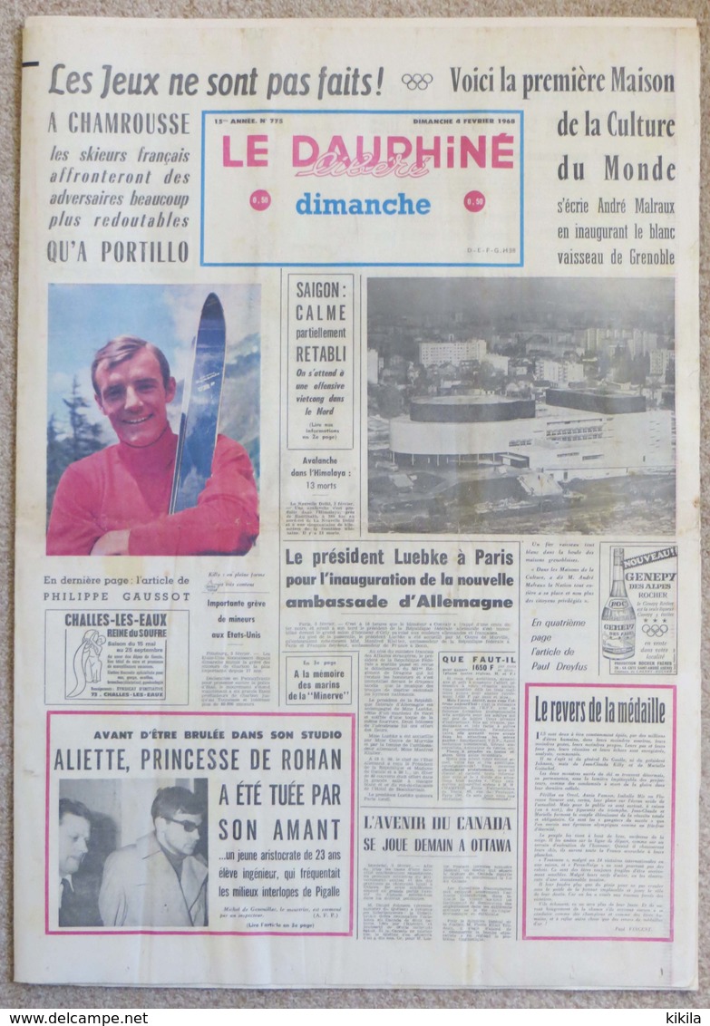 Journal Dauphiné Libéré Du DIMANCHE 4 Février X° Jeux Olympiques D'hiver De Grenoble 1968  J.C. Killy - Autres & Non Classés
