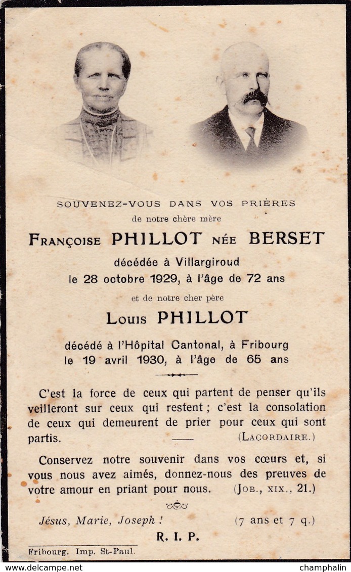 Faire-part De Décès - Mémento - Françoise Berset & Louis Phillot - Villargiroud & Fribourg (Suisse) - 1929 & 1930 - Décès