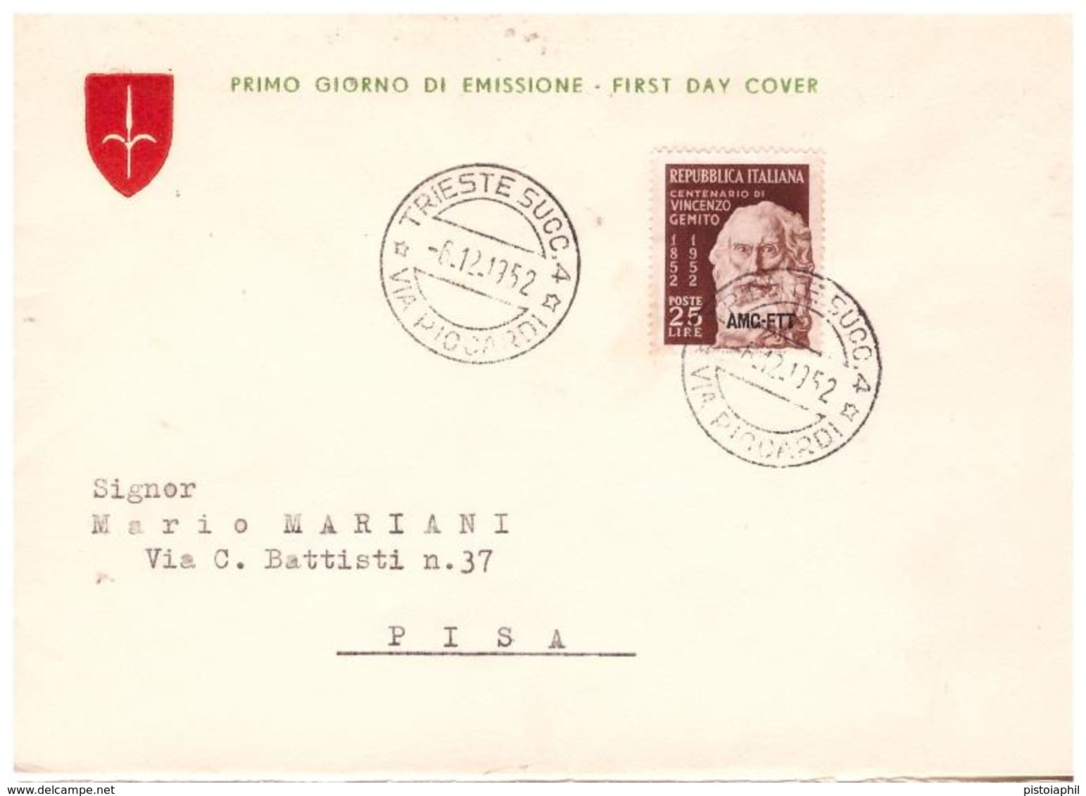 Fdc Velicogna: GEMITO (1952); No Viaggiata - Marcophilie