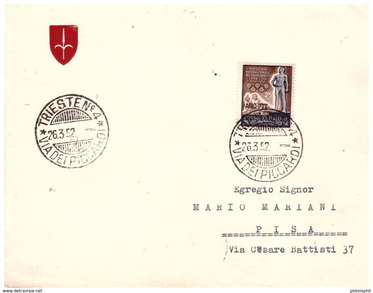 Fdc Velicogna: FRANCOBOLLO SPORTIVO (1952); No Viaggiata - Marcophilie