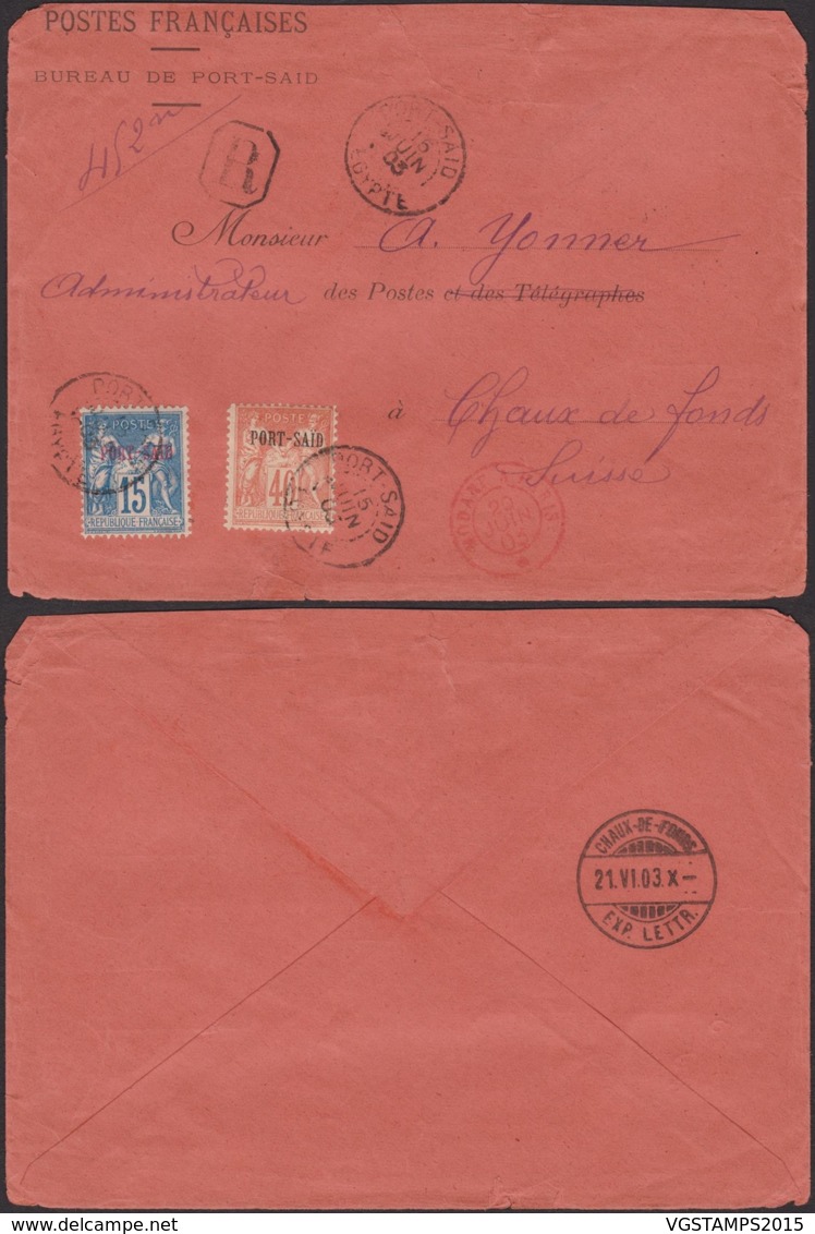 PORT-SAID EGYPTE Yv 9+13 SUR LETTRE RECOMMANDE DE PORT-SAID 01/11/1907 VERS SUISSE (5G) DC-MV498 - Lettres & Documents