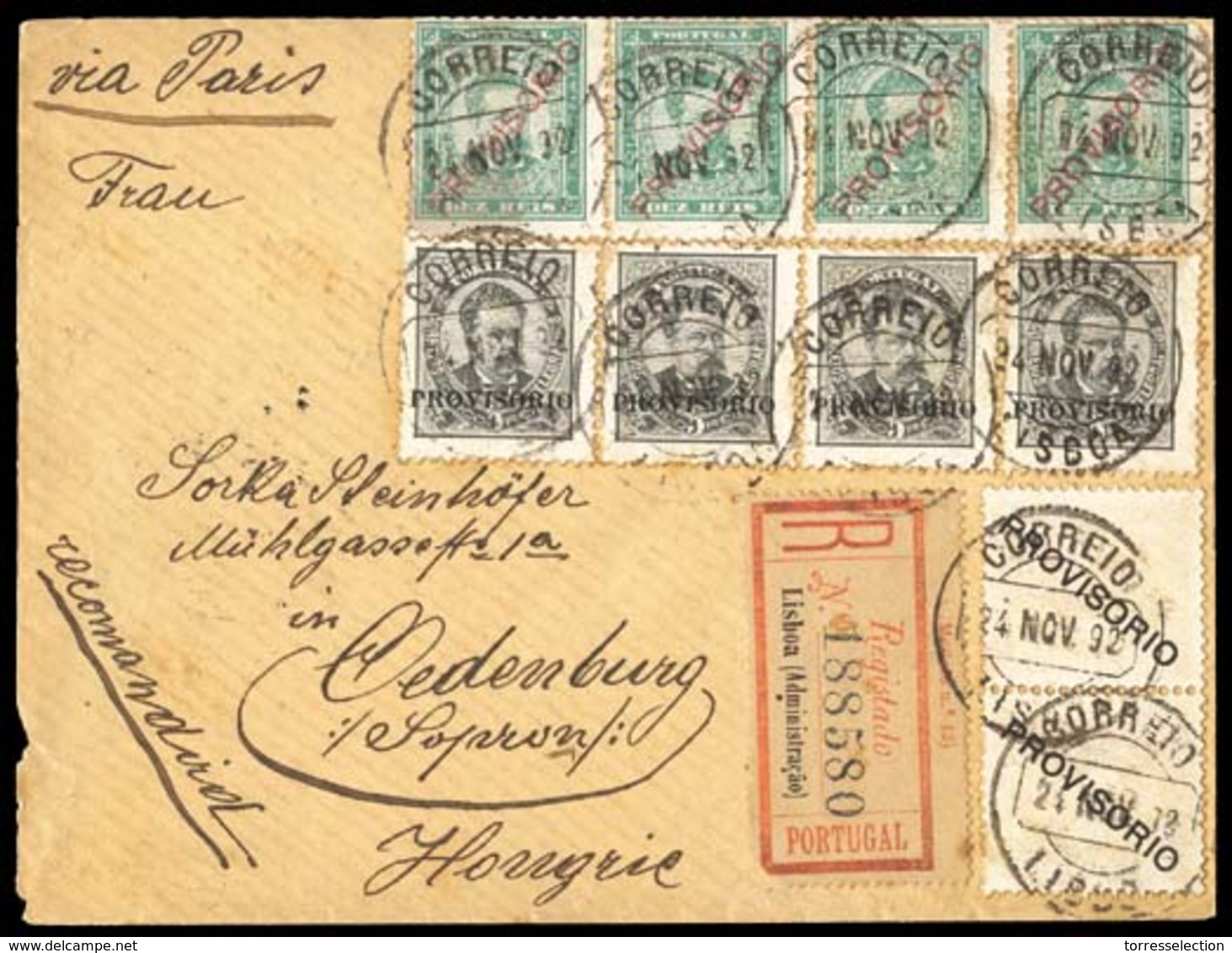 PORTUGAL. 1892 (24 Nov.). PORTUGAL - HUNGARY. 80 (x4), 83 (x2). PROVISIONAL ISSUE. Lisbon To Oedenburg/Hungary (29 Nov.) - Autres & Non Classés