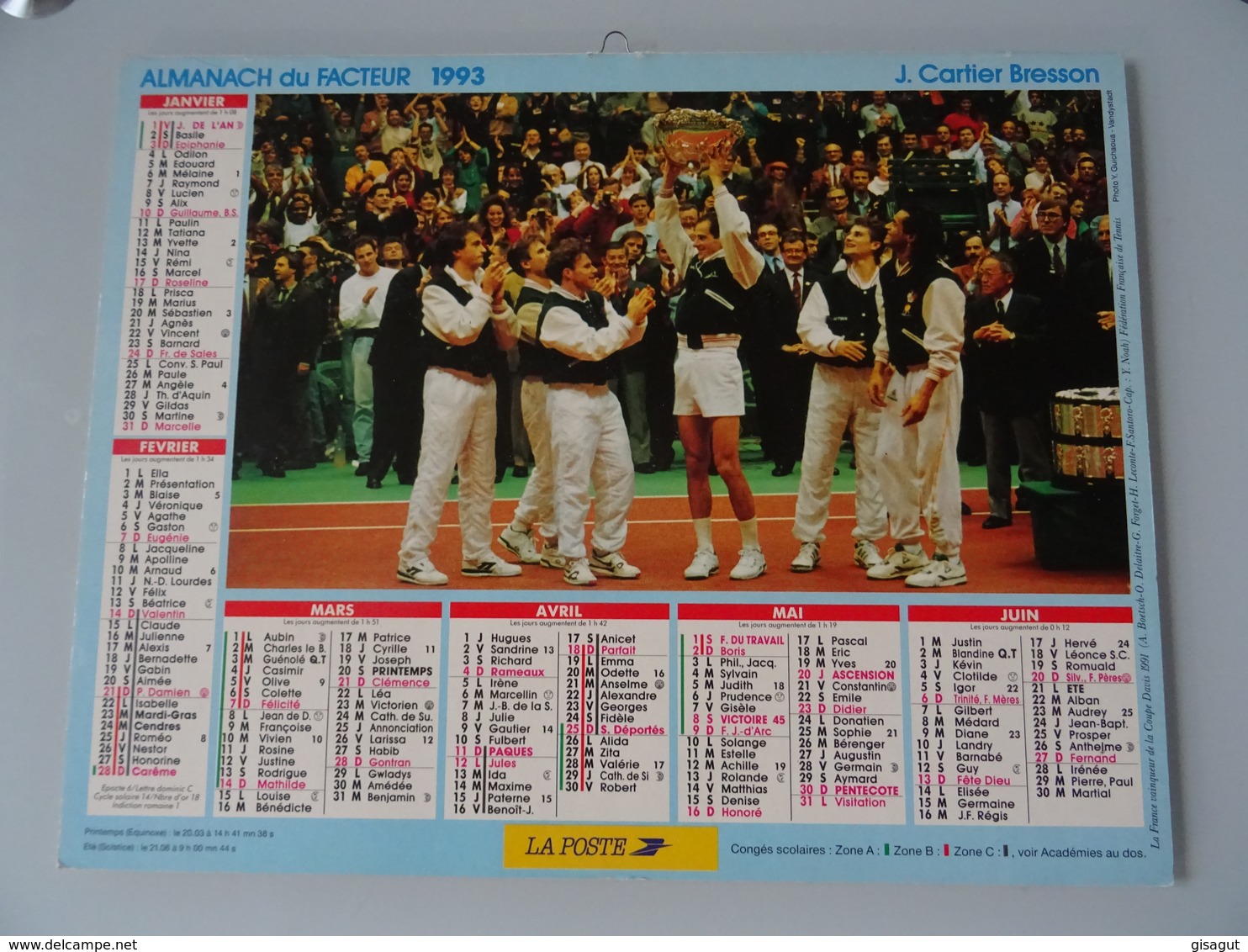 Almanach Du Facteur  1993   Recto   France  De   Tennis Coupe Devis De 1991 Verso  Guy  Forget Et Henri Leconte - Grand Format : 1991-00