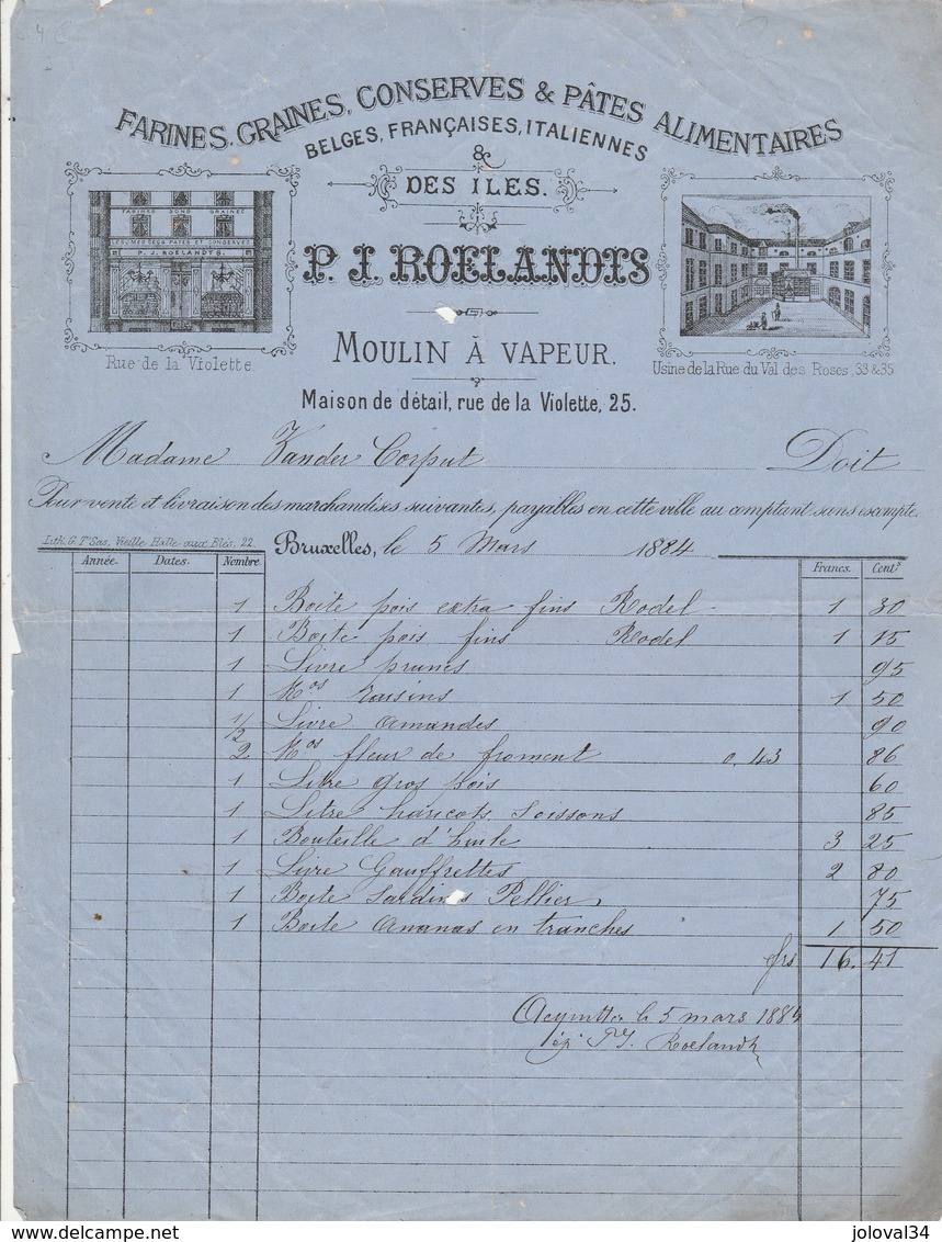 Belgique Facture Illustrée 5/3/1884 ROELANDTS Farines Graines Conserves Pâtes Alimentaires BRUXELLES - 1800 – 1899