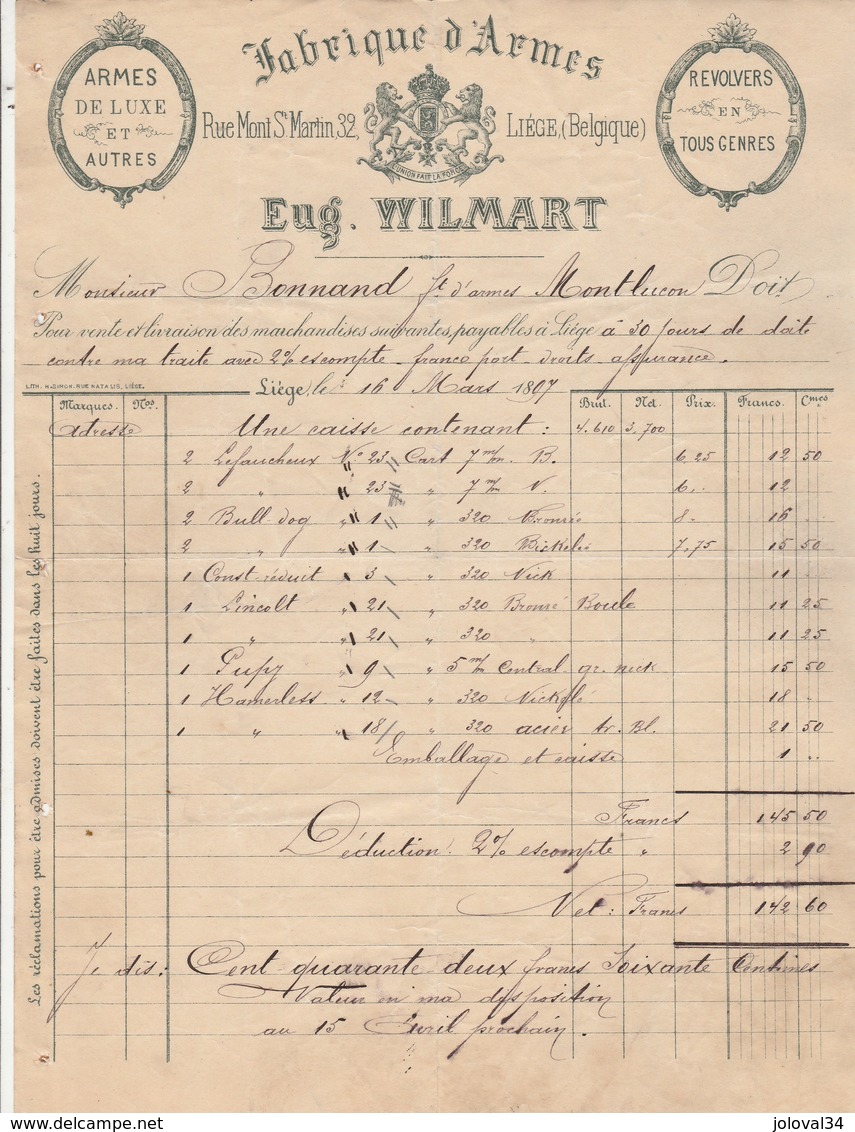 Belgique Facture Illustrée 16/3/1897 Eug. WILMART Fabrique Armes De Luxe Revolvers LIEGE - 1800 – 1899
