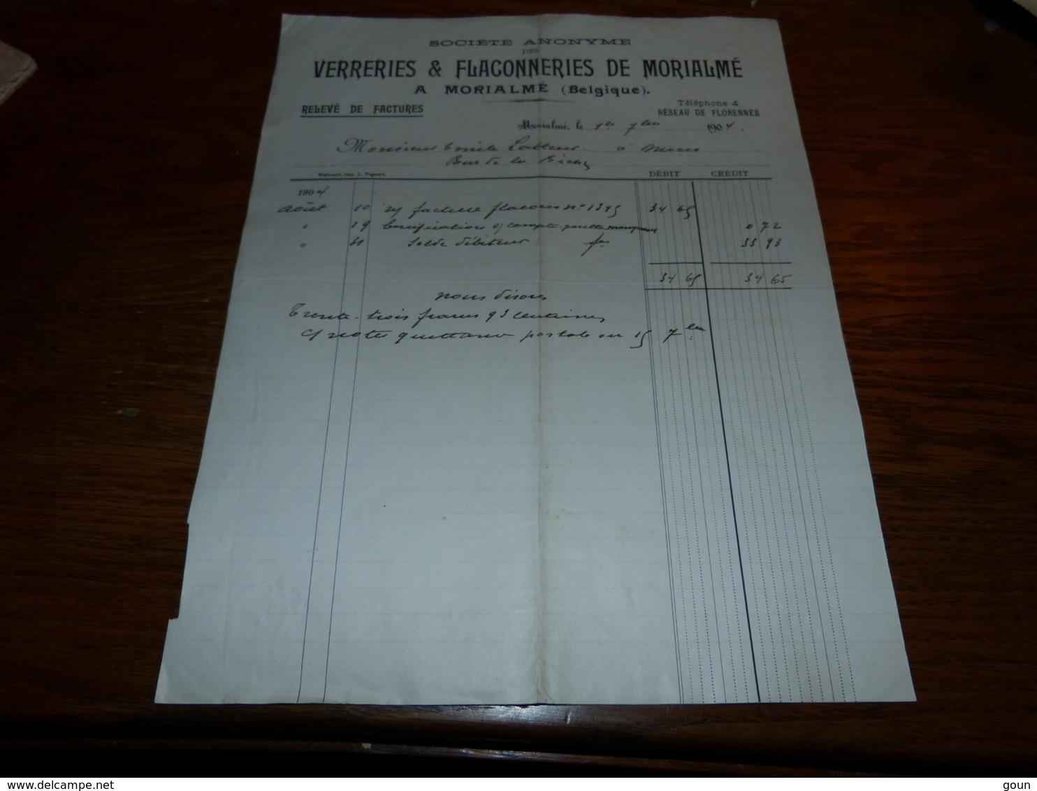 Document Commercial  Facture Verreries Et Flaconneries De Morialmé 1903-4 Florennes Relevé De Factures - 1900 – 1949