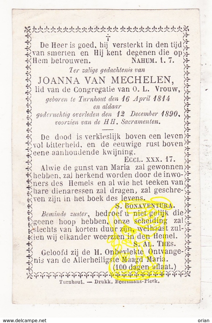 DP Joanna Van Mechelen ° Turnhout 1814 † 1890 - Images Religieuses