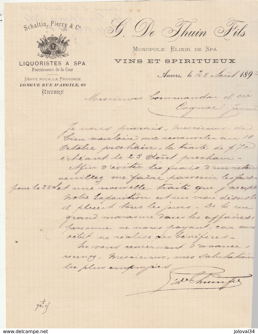 Belgique Facture Lettre Illustrée 20/8/1894 G De THUIN Schalti Pierry  Vins Spiritueux Elixir De SPA à ANVERS - 1800 – 1899